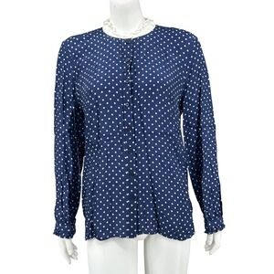 J Crew Top Womens XL Navy White Polka Dot Ruffle Collar Button Up Drapey Preppy